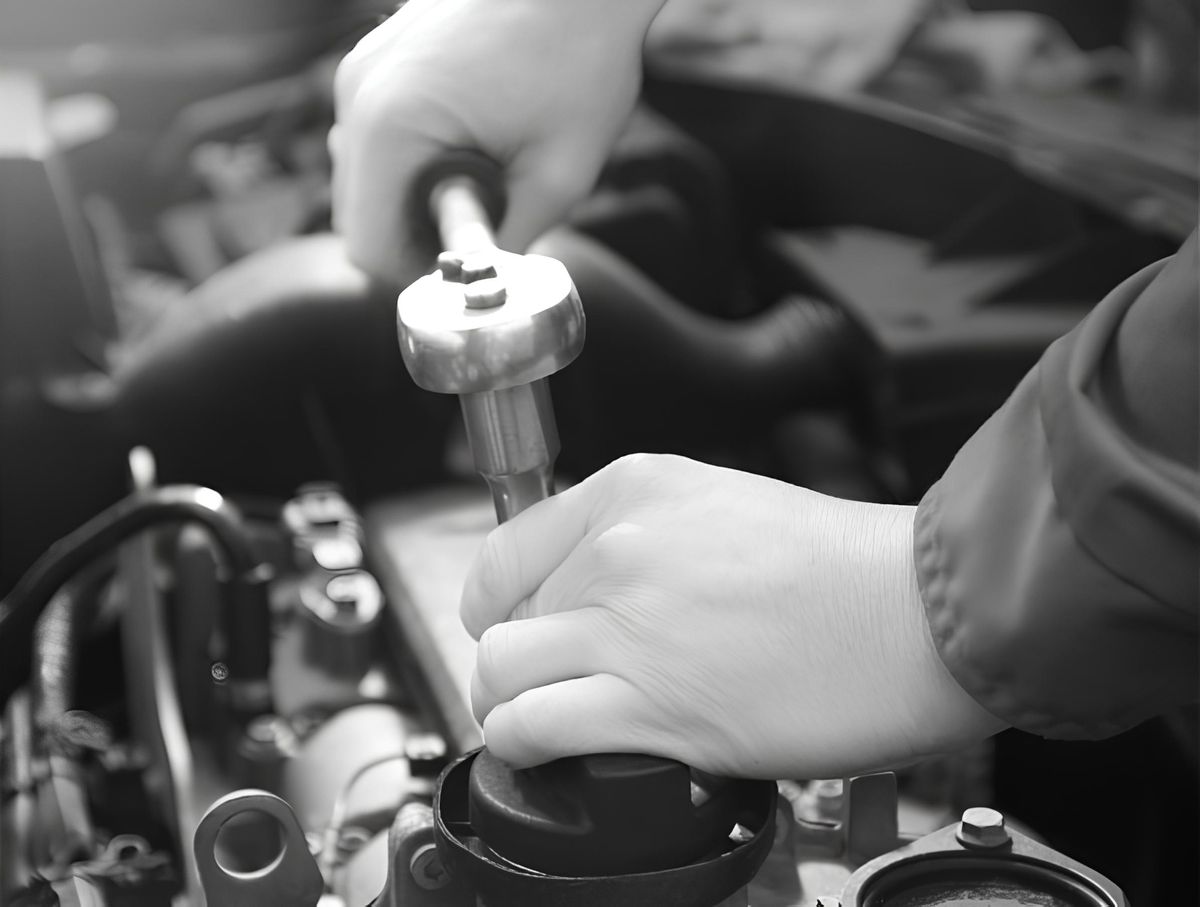 Eine Hand zieht eine Schraube in einem Motorraum von einem Auto fest